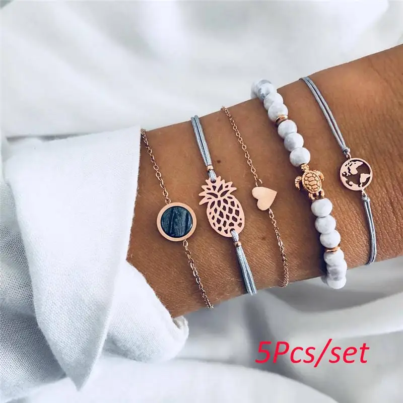 

Bohemian Turtle Pineapple Heart Map Charm Bracelets Bangles For Women Fashion Beads Strand Bracelets Sets Jewelry Gifts Mujer