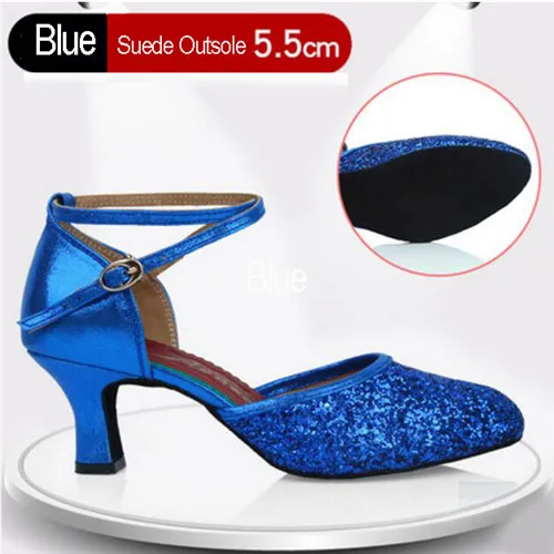 Бальные, вечерние, современные танцевальные туфли для женщин, девушек, низкий каблук, вальс, танго, танцы, для улицы, закрытый носок, обувь для сальсы - Цвет: Blue 5.5cm Indoor