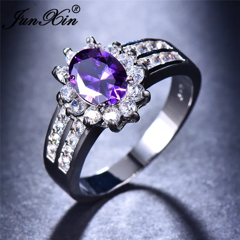 JUNXIN Boho Oval многоцветный Циркон черные кольца для женщин 925 серебро Сиреневый Циркон Белый Синий огненный опал кольцо CZ - Цвет основного камня: Purple Ring