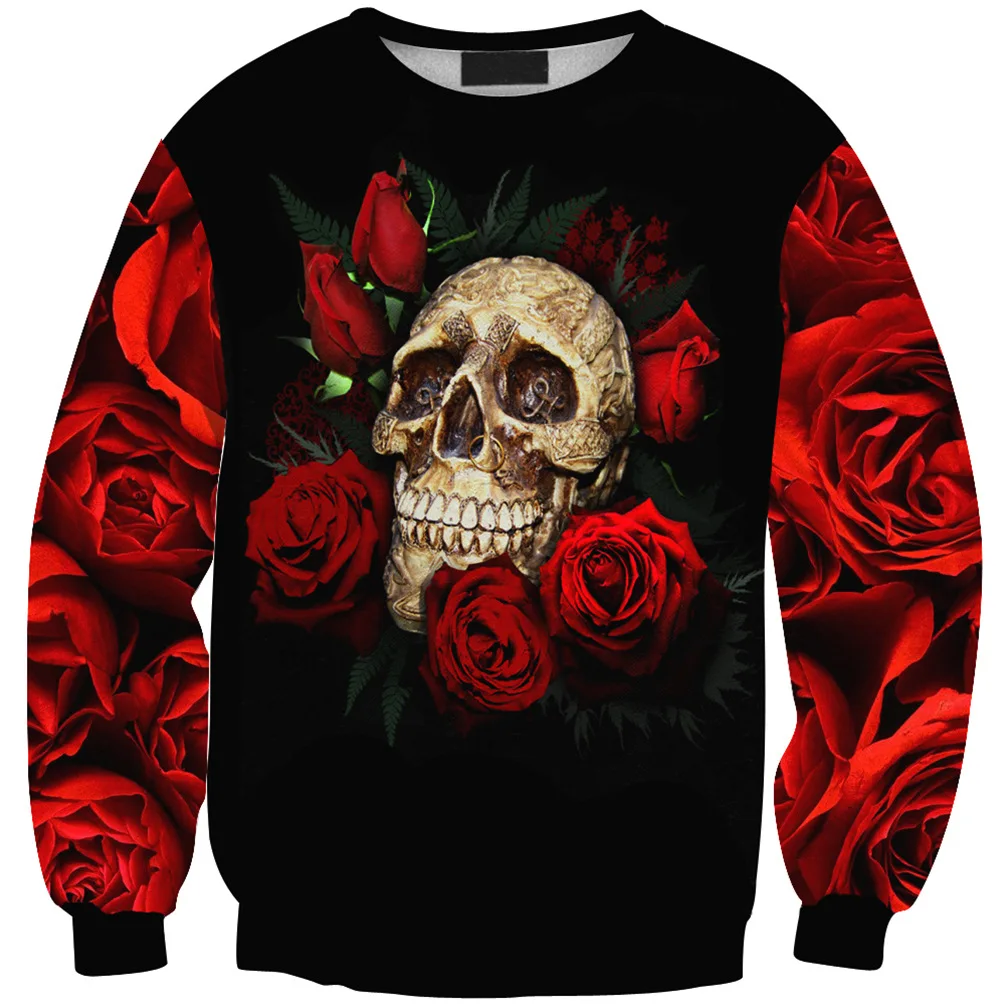 Women Hoodies Rose Skull 3D Print Black Hoodies Women O-Neck Loose Full Sleeves Sweatshirt Hoodie Pullover Sudaderas Moletom