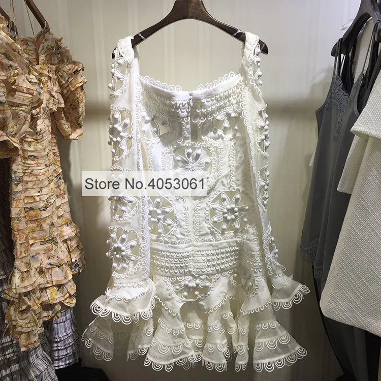 

Limited Silk & Linen Women Whitewave Doily Radiate Applique Flip Dress - Fashion Ladies Stylish White Lace Embroidery Mini Dress