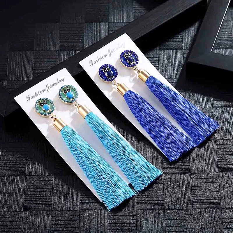 IMG_4226 Trendy Drop Earrings OwlAnimalWomenLongBohemianDangleBlueBalckMetalBohoGold Tassel Earrings 2018 Jewelry