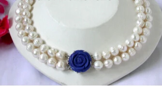 

ddh001880 beautiful 2strands white freshwater pearls Necklace lapis lazuli clasp
