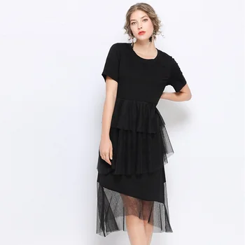 

Summer women asymmetrical midi dress short sleeves mesh patchwork irregular dress female fashion black party dress plus size 5XL