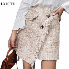 Высококачественная короткая твидовая юбка в клетку с кристаллами и пуговицами, Женская Весенняя Асимметричная трапециевидная юбка с высокой талией, модные корейские юбки