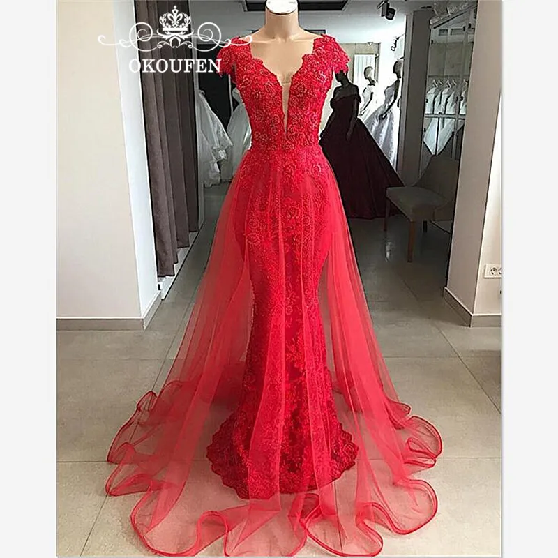 Designer Rood Kant Afneembare Rok Prom Jurken Met Kapmouwtjes 2019 Lange Overskirts Mermaid Avondjurk Formele Voor Vrouwen Designer Rood Kant Afneembare Rok Prom Jurken Met Kapmouwtjes 2019 Lange Overskirts Mermaid Avondjurk Formele Voor Vrouwen