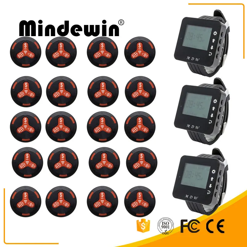 Mindewin передатчик вызова ButtonM-K-3 и Смарт часы M-W-1Receiver ресторан пейджер Беспроводная система вызова питание оборудование - Цвет: Black Red