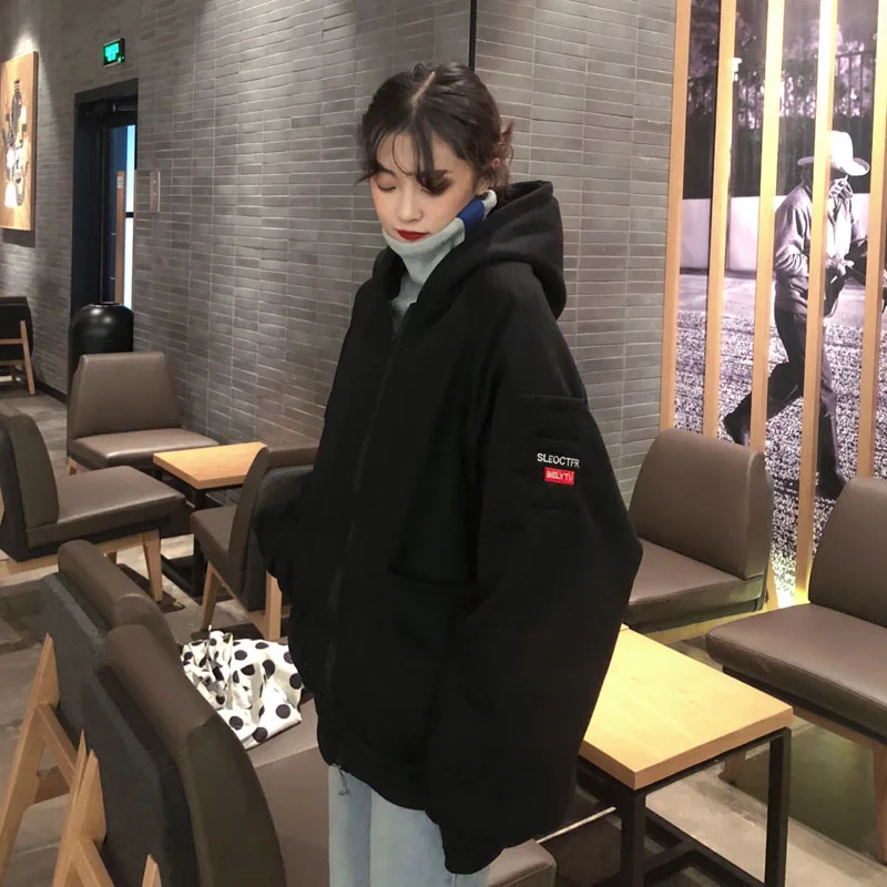 Hoodies Women Hooded Thicker Plus Velvet Solid Letter Embroidered Zip-up Pockets Loose Womens Hoodi