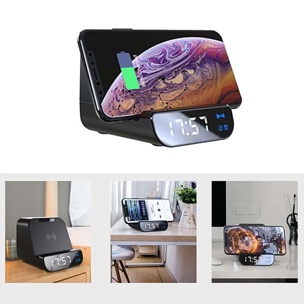 

Portable Bluetooth Speaker Wireless Charger Power Bank Clock 4 in 1 Recharge Multifunctional Speaker Alarm Clock Phone Holder