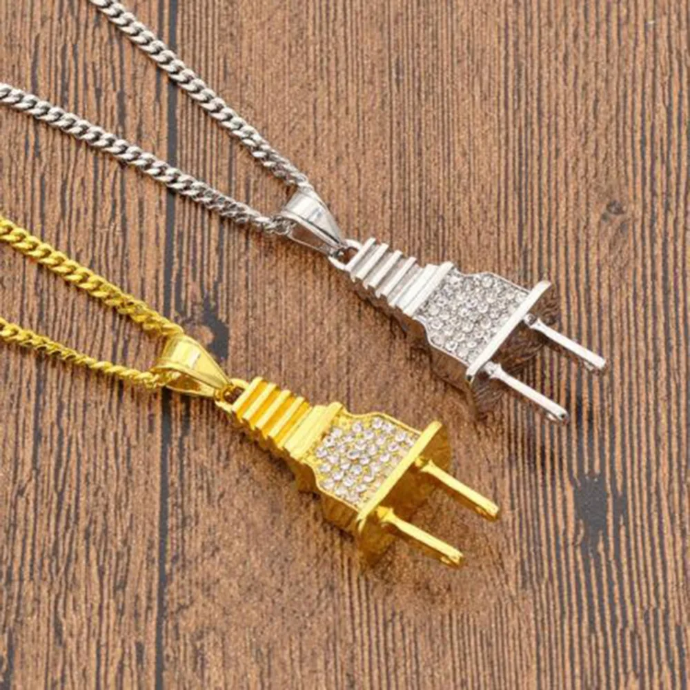 Gold Silver Fashion Crystal Electrical Plug Pendant Necklace Unisex
