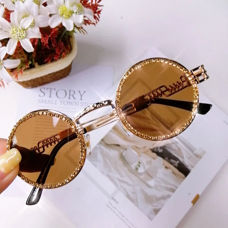 Винтажные круглые алмазные солнцезащитные очки для женщин, роскошный бренд, стимпанк, красные, черные, прозрачные линзы, стразы, очки UV400, Gafas de sol - Цвет линз: 7