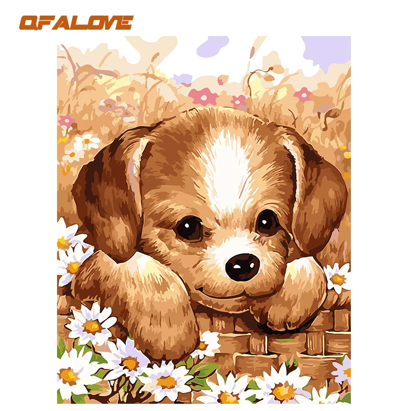 QFALOVE Modern Cute Dog DIY Oil Painting By Number Animal Acrylic Kits