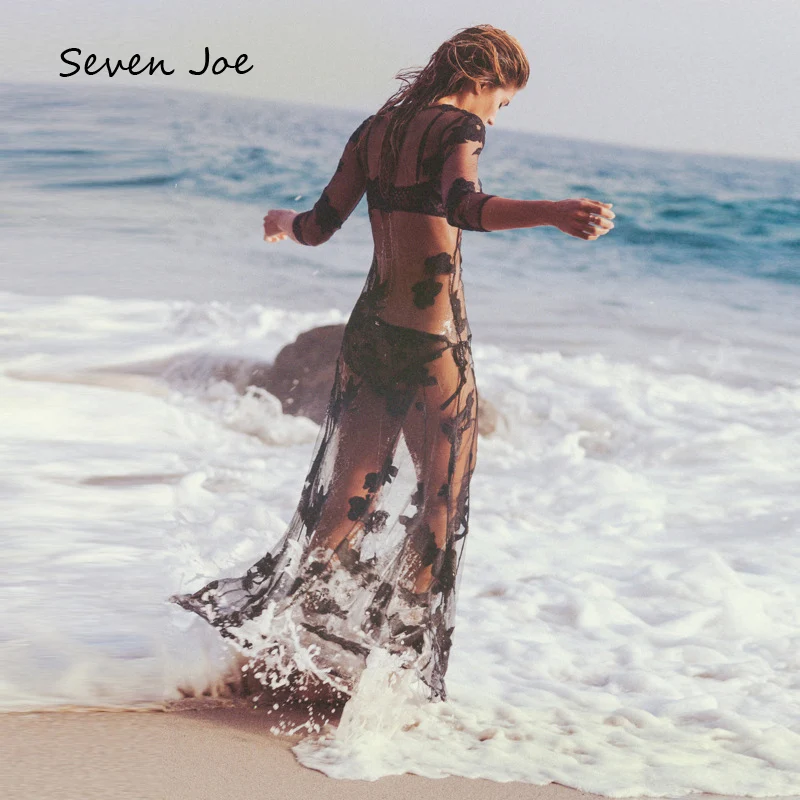 

Seven Joe Summer Sunscreen print Beach Long skirt Cover up Bohemia Style Lace round neck Half sleeve Thin Loose Soft dress