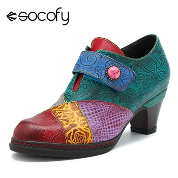 

Socofy Vintage Classic Pumps Genuine Leather Shoes Women Bohemian Printed Hook Loop Block Heels Spring Fall Winter Shoes Zapatos