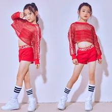 

Children Red Jazz Dance Costumes Girls Glitter Fishnet Cover Top Stretch Shorts Dance Sets Hip Hop Modern Party Stage Outfits