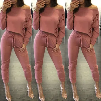 

New Fashion Women Destroyed Clothes Sets Casual Long Sleeve Tops Lace Up Pants 2PCS Ladies Club Wear Out Wear Clothes