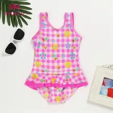 Детский купальный костюм для девочек от 18 месяцев до 5 лет, в полоску, в клетку, с оборками, цельный плавательный костюм, летний купальный костюм