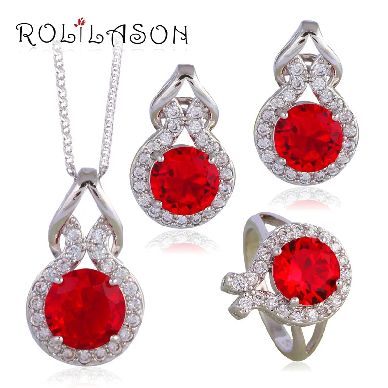 Серебряные штампованные клипсы серьги ожерелье кулон Кольца Ретро Красный AAA CZ Модный набор украшений для женщин JS629