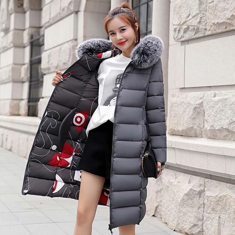 MANDADI winter clothes women fashion cotton padded winter coat women fur collar outerwear hooded print long jacket female