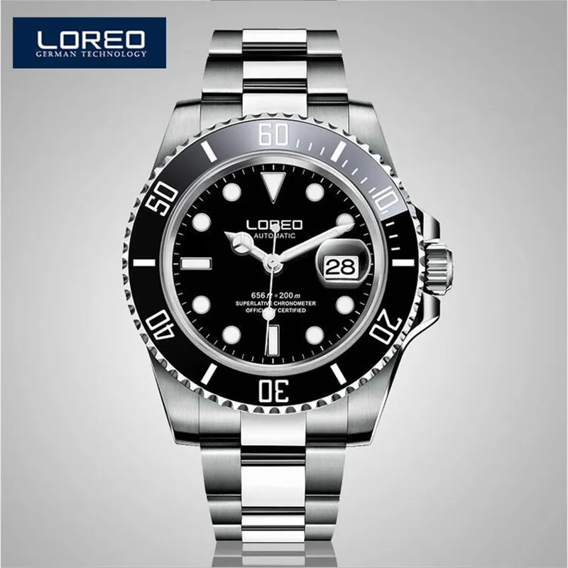 LOREO Fashion Sapphire Crystal Stainless Steel Automatic Mechanical Watches Sport Wristwatch Waterproof Men's Birthday GiftA33