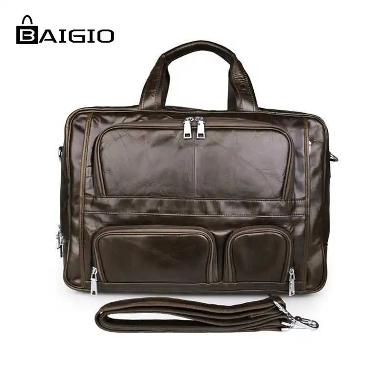 Baigio Mens Leather Bag Briefcases For 17" Laptop Brown Brand Designer Messenger Bag Business Travel Tote Shoulder Bag