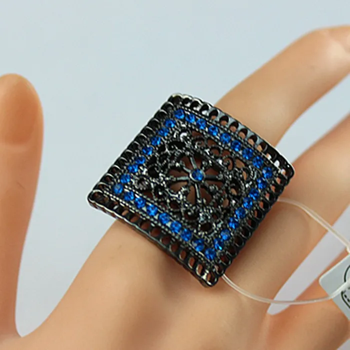 Ручная работа, черное квадратное полое кольцо с синими полудрагоценными камнями, новинка, женские модные ювелирные изделия, наборов