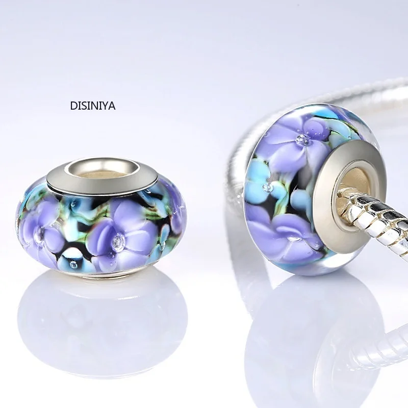 

DISINIYA Hot Sale Silver Flower Murano Glass Beads Fit Bracelet Bangles Charms Original European DIY Jewelry