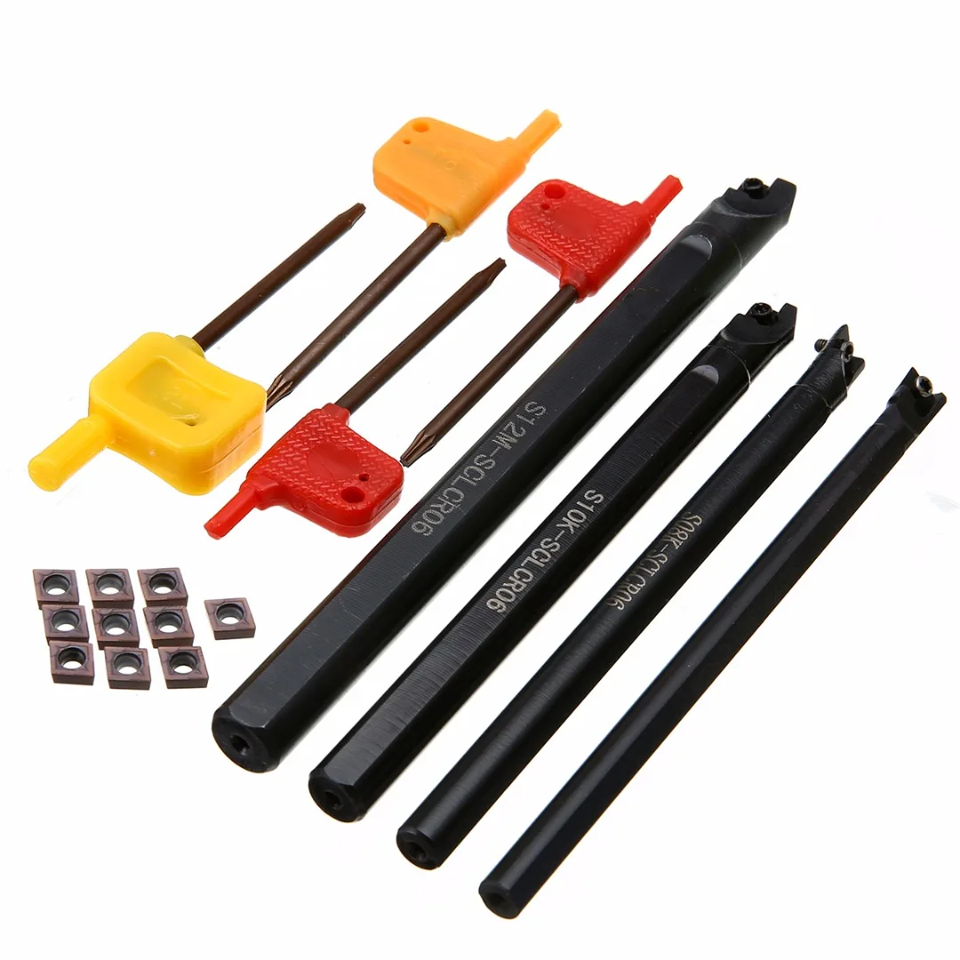 

10pcs Steel Inserts + 4pcs S07K/S08K/S10K/S12M-SCLCR06 Turning Tool Holder 7/8/10/12mm Boring Bar with T8 Wrenche For Lathe Tool