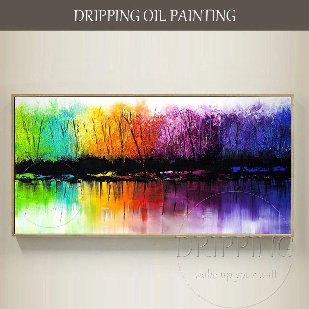 

Free Shipping Artist Hand-painted Abstract Colorful Wall Artwork Hand-painted Abstract Landscape Lake Oil Painting Lake Pictures