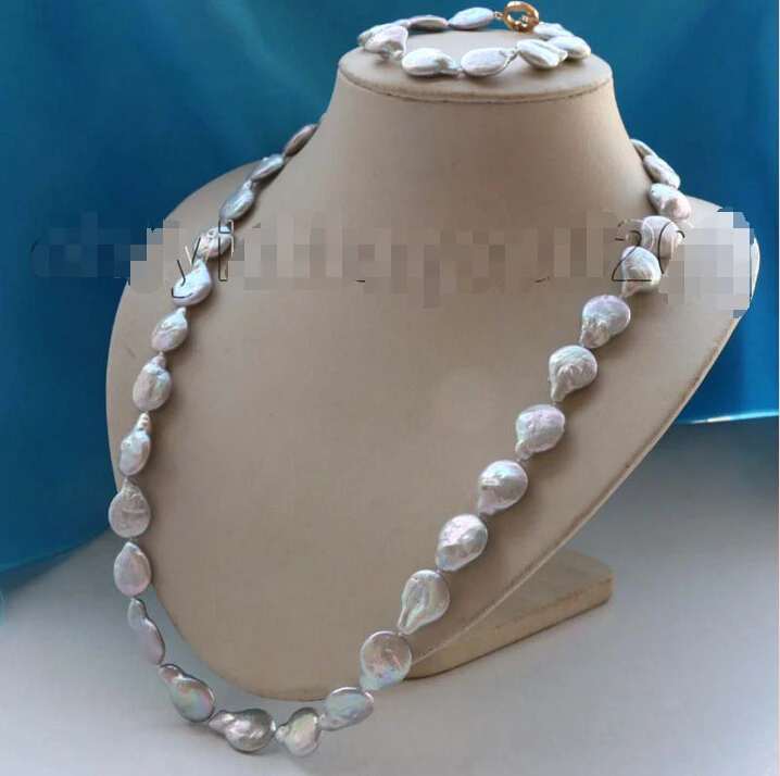 

FREE shipping>>25" Genuine Natural 14x20mm Gray Coin Pearl Necklace Bracelet set 14k #f1856!