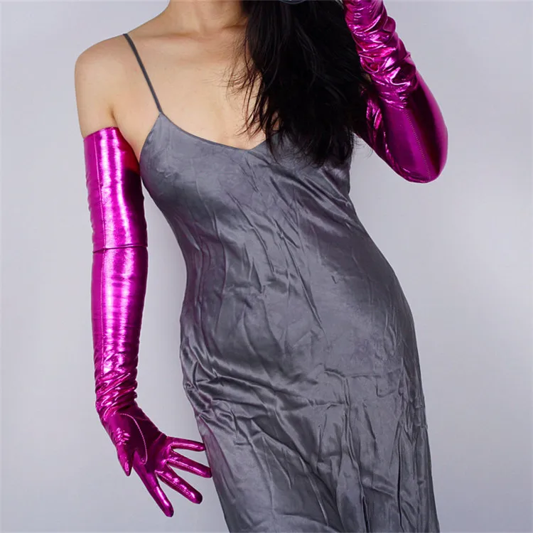 Женские длинные перчатки из лакированной кожи 70 см, очень длинные эластичные женские перчатки из искусственной кожи, ярко-розовые красные P92-9