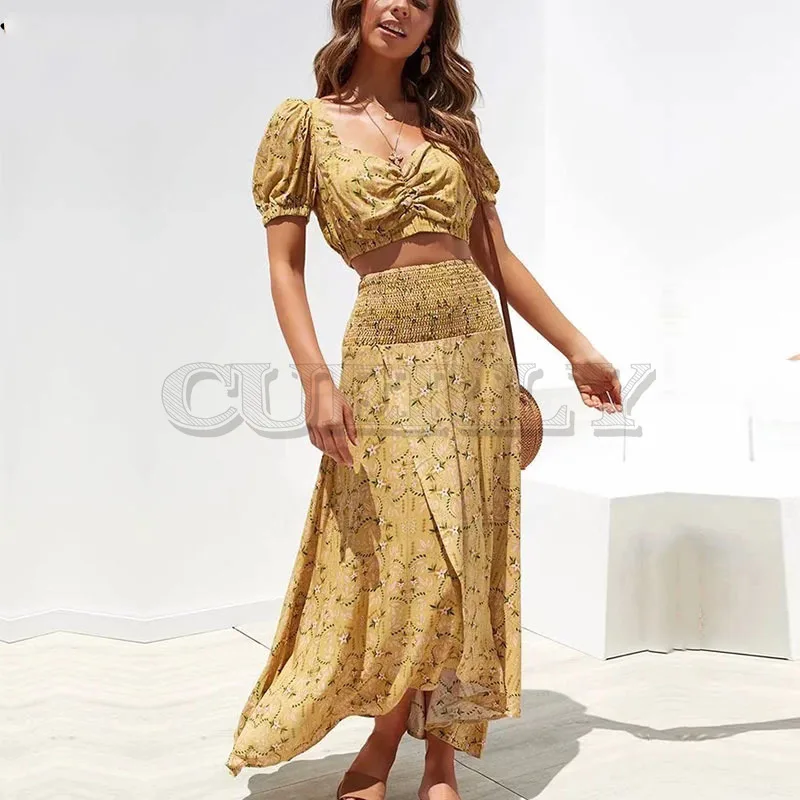 

Cuerly Sexy print long women two piece set dress Summer elegant beach split dress Casual daily maxi dress female vestidos L5