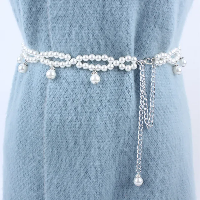 Модные длинные женские Стразы с жемчужной цепочкой, металлические поясные ремни для платьев, женские роскошные ceinture femme - Цвет: white 98CM