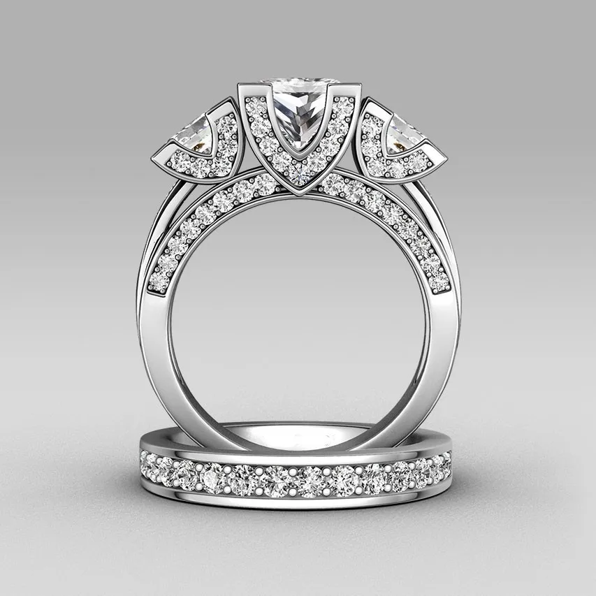 choucong Princess cut Three-stone 8ct Stone 5A Zircon stone 925 Sterling silver Women Engagement Wedding Band Ring set