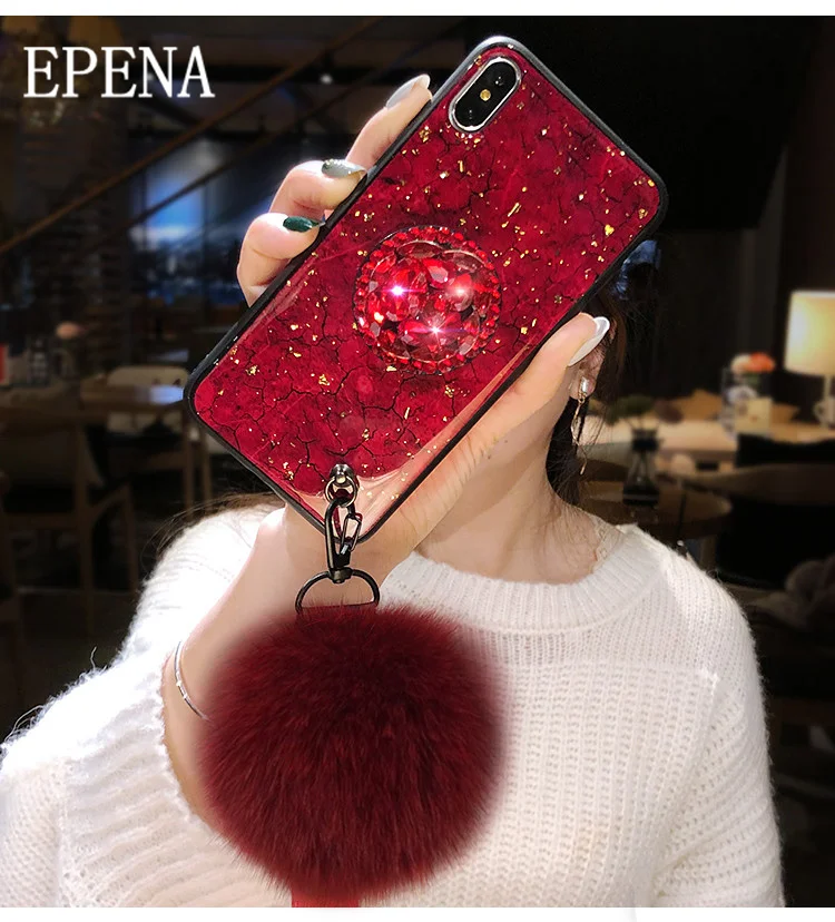 EPENA Gold Foil Glitter Bling case For iPhone 11 pro X XR XS Max Hair ball Lanyard Phone Cover 8 7 6S 6 Plus |