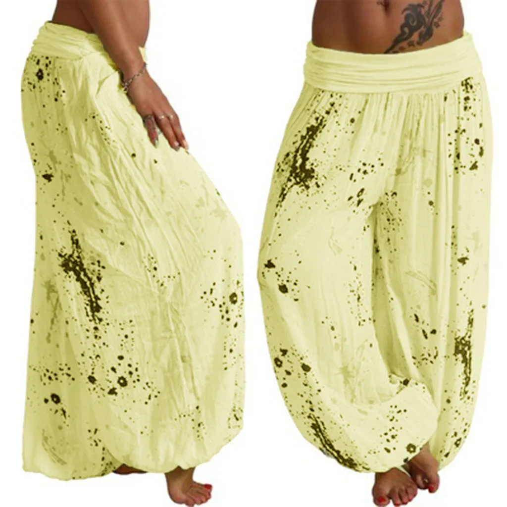 Hawcoar New Fashion Women Ladies Printed Band Width Loose Leg Pants Women's Casual Full Length Harem Pants брюки женские Z4 - Цвет: Yellow