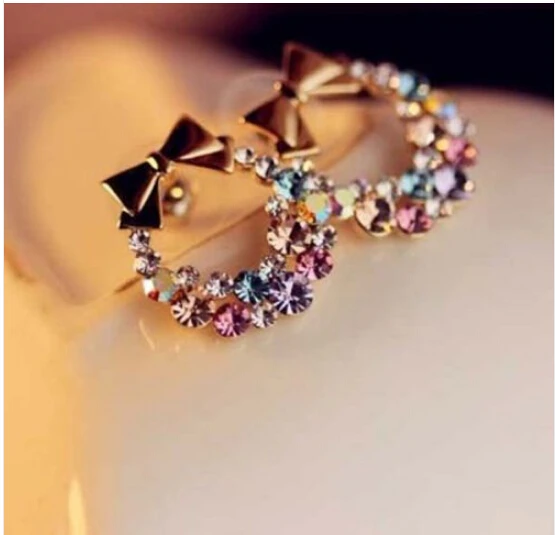

New Women's Fashion Imitation Colorful Rhinestone Bow Earrings Vintage Jewelry CED01