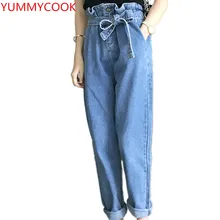 Yummycook летние модные простые однотонные с высокой талией с девятью точками джинсы брюки для девочек свободные удобные штаны-шаровары Для женщин одежда A196