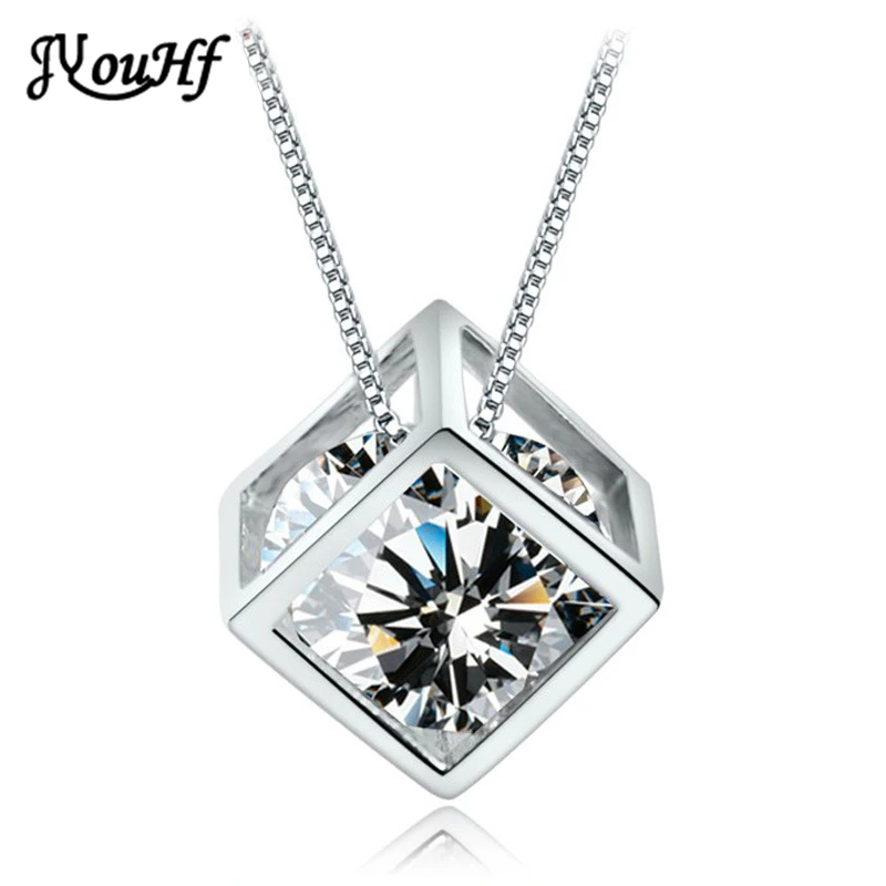 

JYouHF Crystal Necklace Women Luxury 925 Sterling Silver Cube Cz Zircon Pendant Necklace Jewelry Party Gift Naszyjnik Sieraden