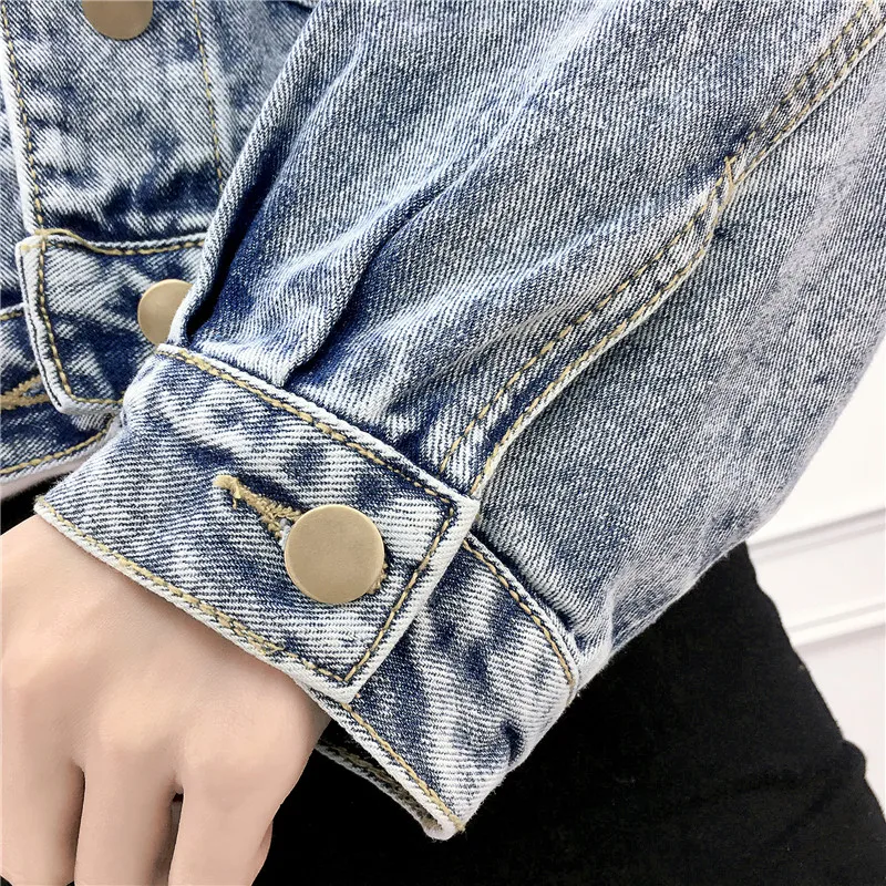 Vintage Women Jean Jacket Witrh Pearls Beading 2019 Spring Long Sleeve Pockets Denim Jackets Women Loose Outwear Female
