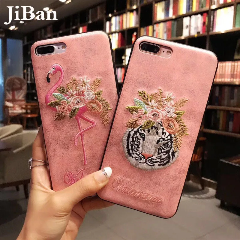 

POBLU For iPhone X Case Luxury Embroidery Flower Flamingo & Tiger Glitter PU Leather Case Soft Pink Cover for iPhone 6s 7 8 Plus