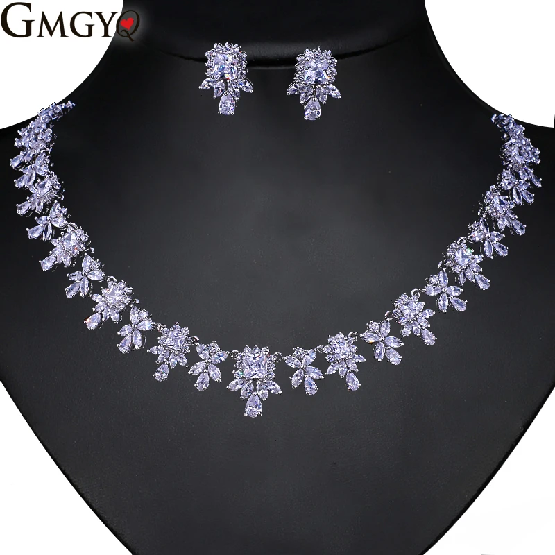 GMGYQ Zircons Wit Goud Kleur Rood En Groen CZ Crystal Bridal Ketting Oorbellen Sieraden Luxe Bruiloft комплекты украшений