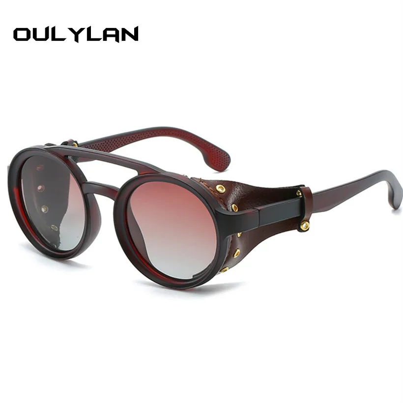 Oulylan Leather Steampunk Sunglasses Polarized Men Round Driving Sun Glasses Women Retro Punk Style Glasses