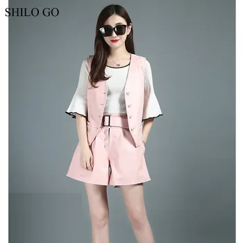 

SHILO GO Leather Sets Womens Autumn Fashion sheepskin genuine leather suit Pink single breasted short Vest leather belt shorts