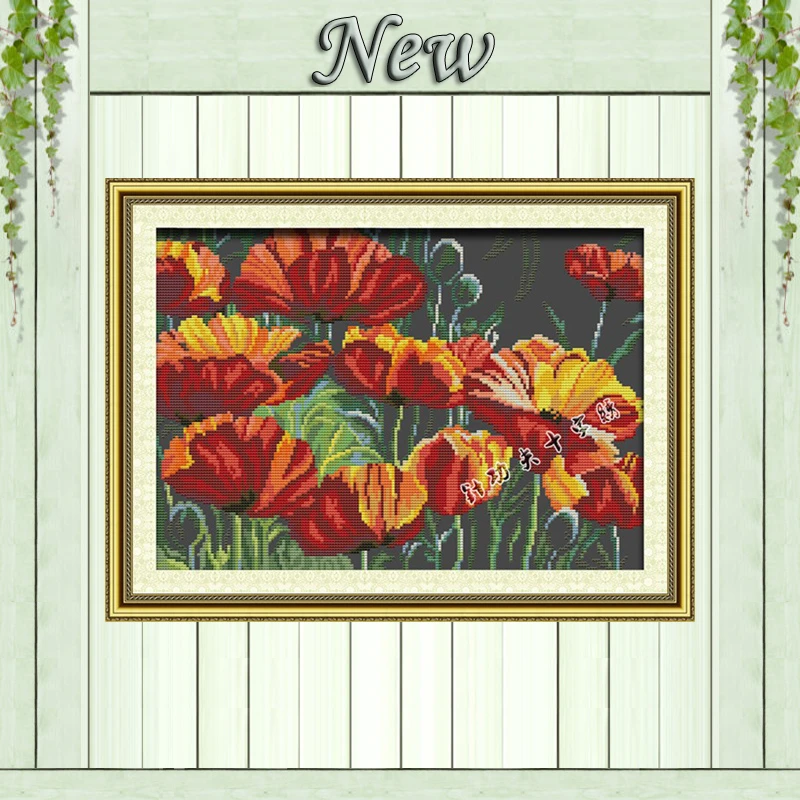 

Poppy flower scenery painting counted on canvas Cross Stitch Embroidery kits Needlework Sets DMC 14CT 11CT black cloth unprinted