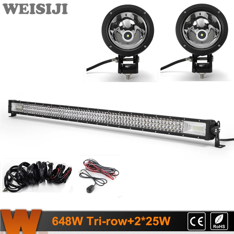 

WEISIJI 50inch 648W Tri-row LED Light Bar+2Pcs 25W 4*4 Offroad LED Work Light+2Pcs Wiring Kits Sets for Jeep Truck SUV ATV UTV
