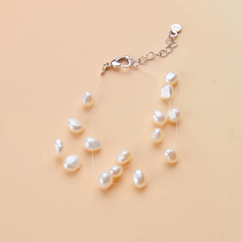 ASHIQI белый натуральный пресноводный барочный жемчуг браслеты для женщин с 3 рядами прозрачной леской невидимая цепочка