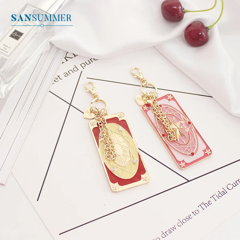 SANSUMMER Fashion Metal Key Chains Women Cartoon Powder Yellow Cards Key Chains Lovely Gold Female Key Chains 5383