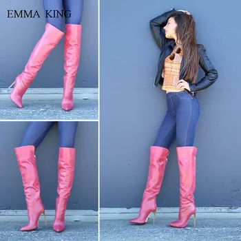 

New Bright Color Shoes Woman Zapatos De Mujer Zipper Pointed Toe Knee High Boots Sexy High Heels Botas Mujer Daily Party Shoes