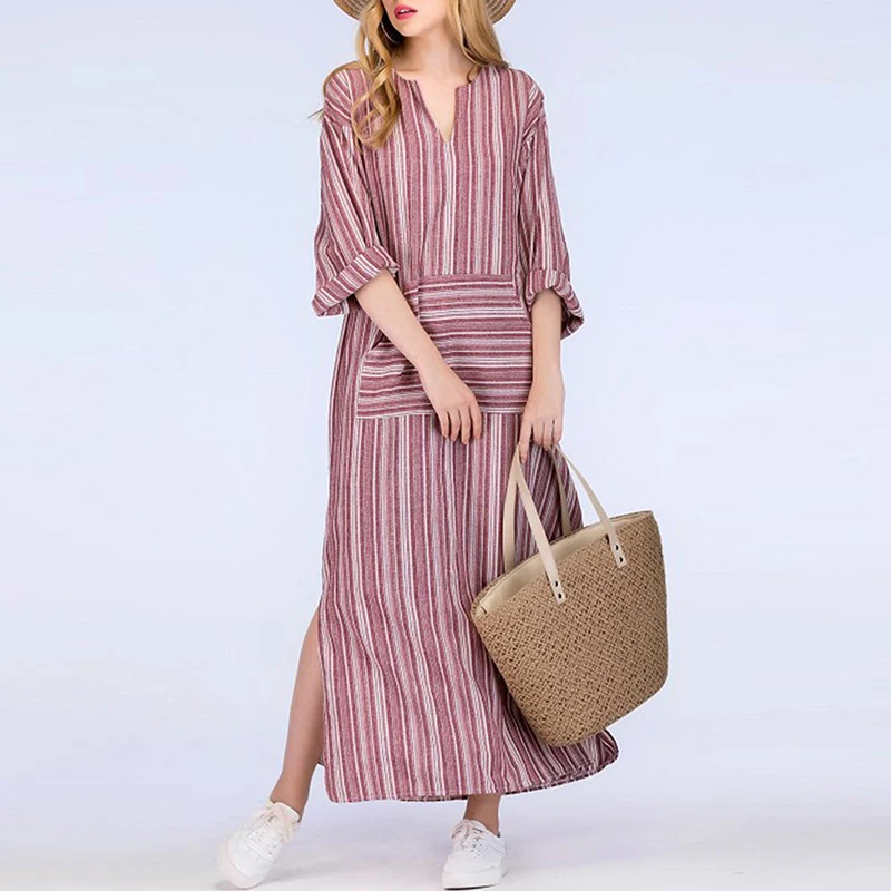ZANZEA Plus Size Vintage Women Long Striped font b Dress b font Casual V Necl Long